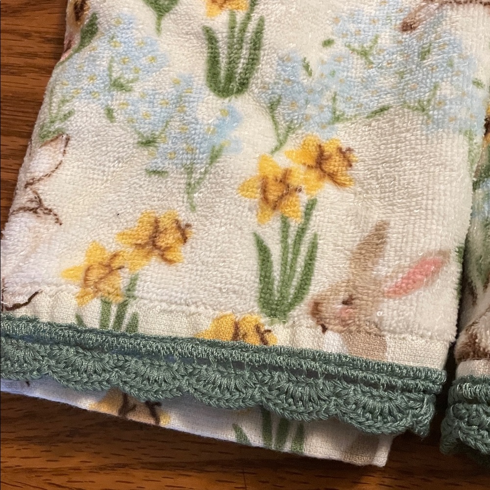 Floral Bunny Print Hand Towel with Lace Trim - Picture 2 of 5